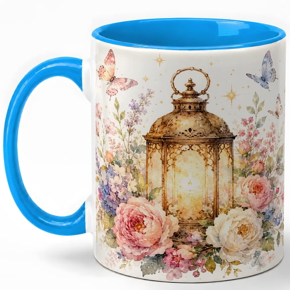 Floral Lantern Coffee Mug, Watercolor Candle Light, Roses and Butterflies Design, 11 oz Ceramic Cup