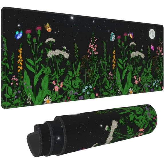 Floral Large Mouse Pad 35.4 x 15.8 Inches Green Flower Extended Gaming Mousepad Black Ergonomic Desk Mat with Stitched Edges XXL Non-Slip Base Desk Pat Keyboard Pad for Home Office Work Game