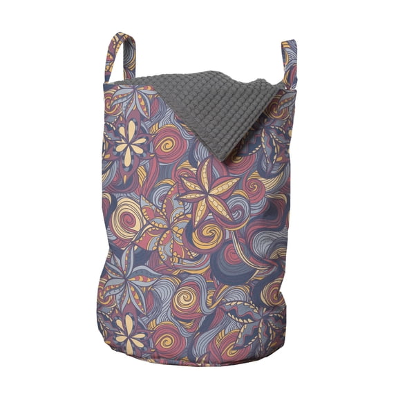 Floral Laundry Bag, Colorful Blooming Flowers and Waves Spiral Curly Shapes Botanical Fantasy Pattern, Basket with Handles Drawstring Closure for Laundromats, 13" x 19", Multicolor, by Ambesonne