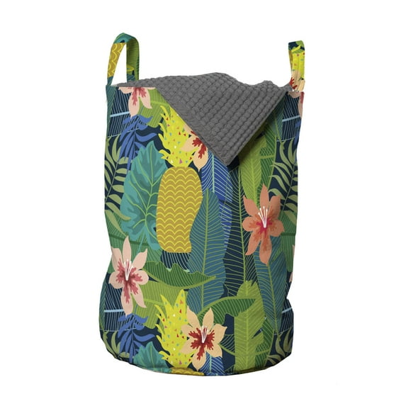 Floral Laundry Bag, Colorful Design Caribbean Plantation Flourishing Summer Flowers, Hamper Basket with Handles Drawstring Closure for Laundromats, 13" x 19", Multicolor, by Ambesonne