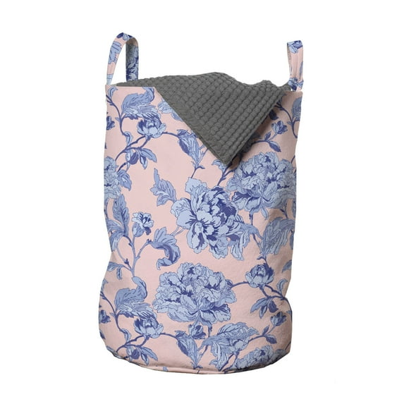 Floral Laundry Bag, Pastel Vintage Flowering Rose Bouquets Leaves Motif Feminine Repetition, Basket with Handles Drawstring Closure for Laundromats, 13" x 19", Lavender Blue and Blush, by Ambesonne