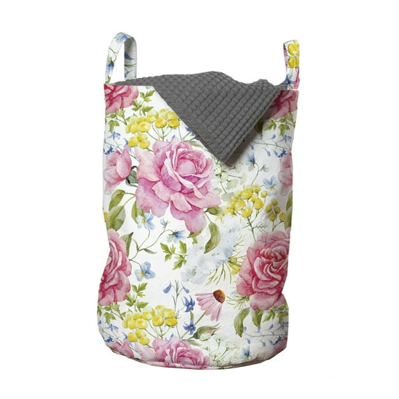 Floral Laundry Bag, Romantic Pattern of Rose Flower Meadow Bouquet Watercolor on Plain Background, Basket with Handles Drawstring Closure for Laundromats, 13" x 19", White Multicolor, by Ambesonne