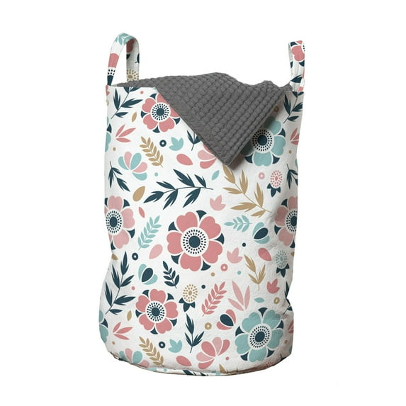 Floral Laundry Bag, Soft Pastel Colored Hand Drawn Abstract 5 Petal Flowers and Wild Herbs Design, Hamper Basket with Handles Drawstring Closure for Laundromats, 13" x 19", Multicolor, by Ambesonne