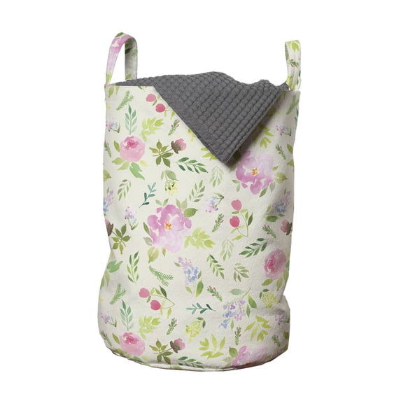Floral Laundry Bag, Soft Pastel Watercolored Design of Spring Revival Theme Fresh Flowers and Plants, Basket with Handles Drawstring Closure for Laundromats, 13" x 19", Multicolor, by Ambesonne