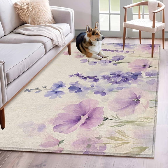 Floral Lavender Area Rug 4x6 Washable Rug Non Slip Spring Wildflower Print Idyllic Spring Large Area Rug Indoor Floor Carpet for Entryway Bedroom Kitchen Living Room Home Office Dining Room Nursery