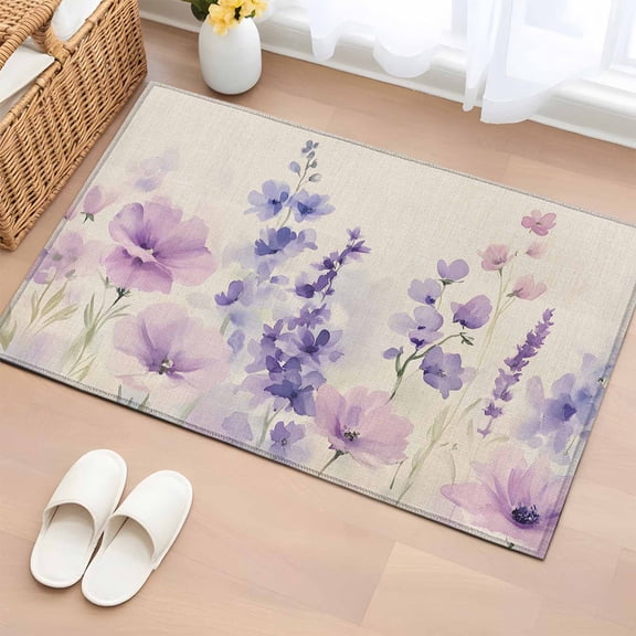 Floral Lavender Bathroom Rug Washable 2x3 Entryway Rug Non Slip Spring Wildflower Print Idyllic Spring Front Door Mat Low Pile Indoor Doormat Throw Floor Carpet for Kitchen Bedroom Entrance