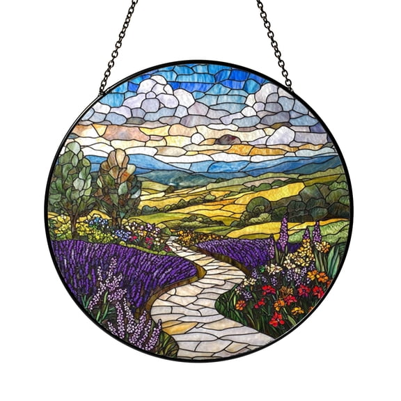 Floral Lavender Field Faux Stained Glass Window Decor2001