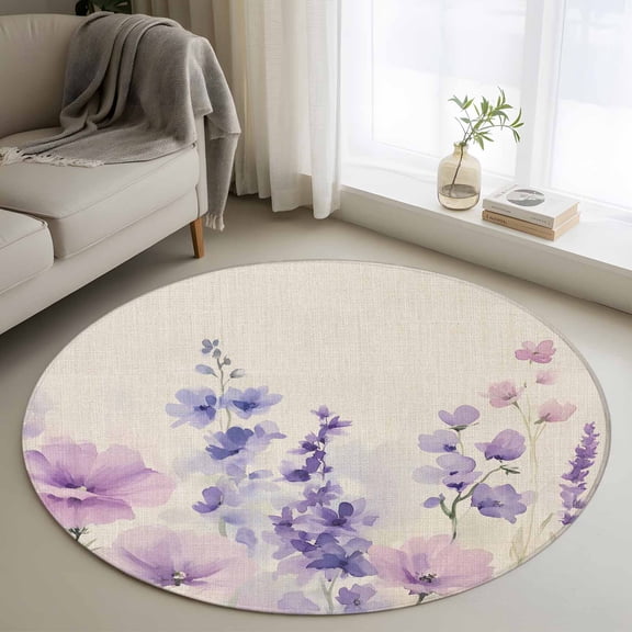 Floral Lavender Round Rug 3.3ft Washable Circle Entryway Rugs Non Slip Spring Wildflower Print Idyllic Spring Area Rug Indoor Floor Carpet for Bedroom Kitchen Living Room Home Office Dining Room