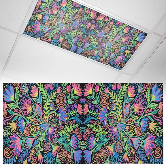 Floral Leaf Fluorescent Light Covers Boho Abstract Green Blue Pink Yellow Flower Leaf Magnetic Light Filters Ceiling Lighting Panel Shade for Classroom Office Home 2 x 4 ft, 1 Pack