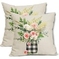 thumbnail image 1 of Floral Leaf Pillow Covers 16x16 Inch Pink Flower Leaves Buffalo Plaid Vase Decorative Pillow Cases Spring Summer Seasonal Square Cushion Covers Farmhouse Home Decor For Porch Couch Outdoor Set of 2, 1 of 6