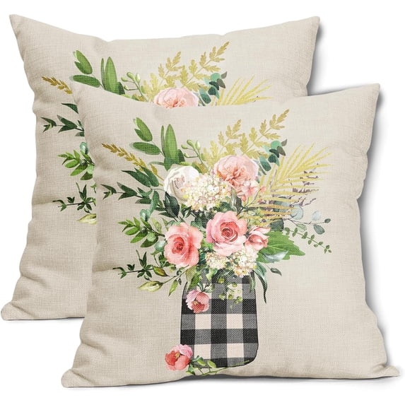 Floral Leaf Pillow Covers 18x18 Inch Pink Flower Leaves Buffalo Plaid Vase Decorative Pillow Cases Spring Summer Seasonal Square Cushion Covers Farmhouse Home Decor For Porch Couch Outdoor Set of 2