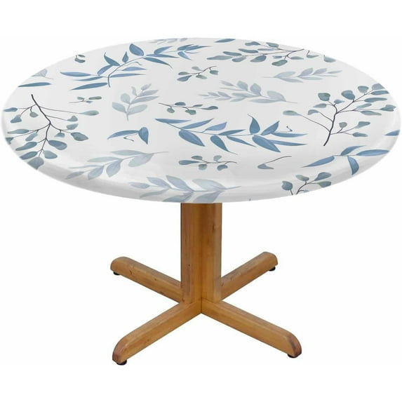 Floral Leaf Round Tablecloth Watercolor Blue Dusty Leaves Fern Greenery Herbs Plants Table Cover Table Cloth For Indoor Dining, Outdoor Picnic Parties, Camping ,Fits For Table 40-44"