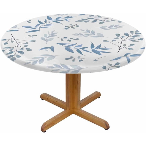 Floral Leaf Round Tablecloth Watercolor Blue Dusty Leaves Fern Greenery Herbs Plants Table Cover Table Cloth For Indoor Dining, Outdoor Picnic Parties, Camping ,Fits For Table 40-44"