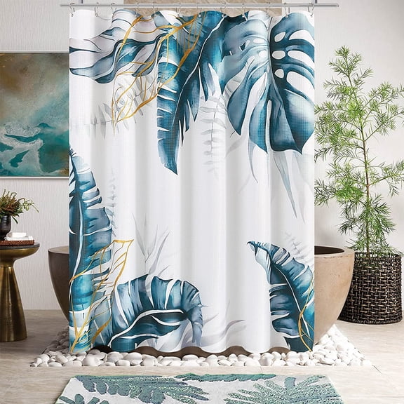 Floral Leaf Shower Curtain Plant Tropical Shower Curtain Bathroom Shower Curtain Set Linen Textured Fabric Bath Curtain Neutral Blue Shower Curtains for Beach Hotel Bathtubs with 12 Hooks, 72x72 Inch