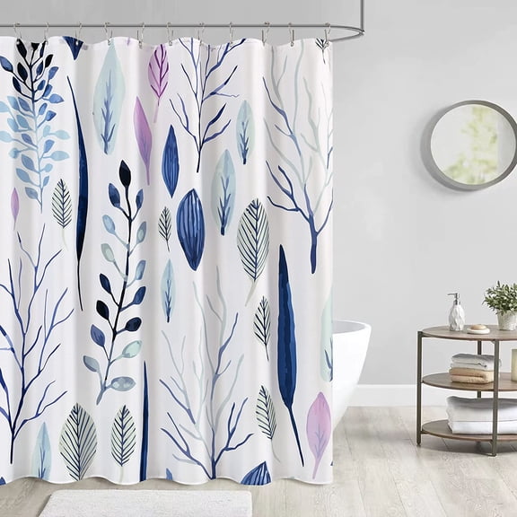 Floral Leaf Shower Curtain Plant Tropical Shower Curtain Bathroom Shower Curtain Set Linen Textured Fabric Bath Curtain Neutral Blue Shower Curtains for Beach Hotel Bathtubs with 12 Hooks, 72x72 Inch