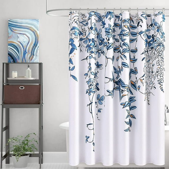 Floral Leaf Shower Curtain Plant Tropical Shower Curtain Bathroom Shower Curtain Set Linen Textured Fabric Bath Curtain Neutral Blue Shower Curtains for Beach Hotel Bathtubs with 12 Hooks, 72x72 Inch