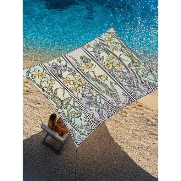 Floral Leaf Sun Shade Sail 6.5' x 10', Retro Yellow Purple Flowers Butterfly Stained Glass Rectangle Outdoor Sunshade Canopy, Waterproof UV Block Patio Covers for Garden Yard Beach