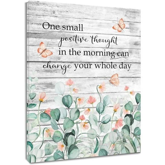 Floral Leaf Wall Art, Sage Green Eucalyptus Leaves and Pink Flowers Butterflies on Farmhouse Rustic Board Canvas Wall Art, Inspirational Quotes Abstract Wall Art for Living Room Bedroom