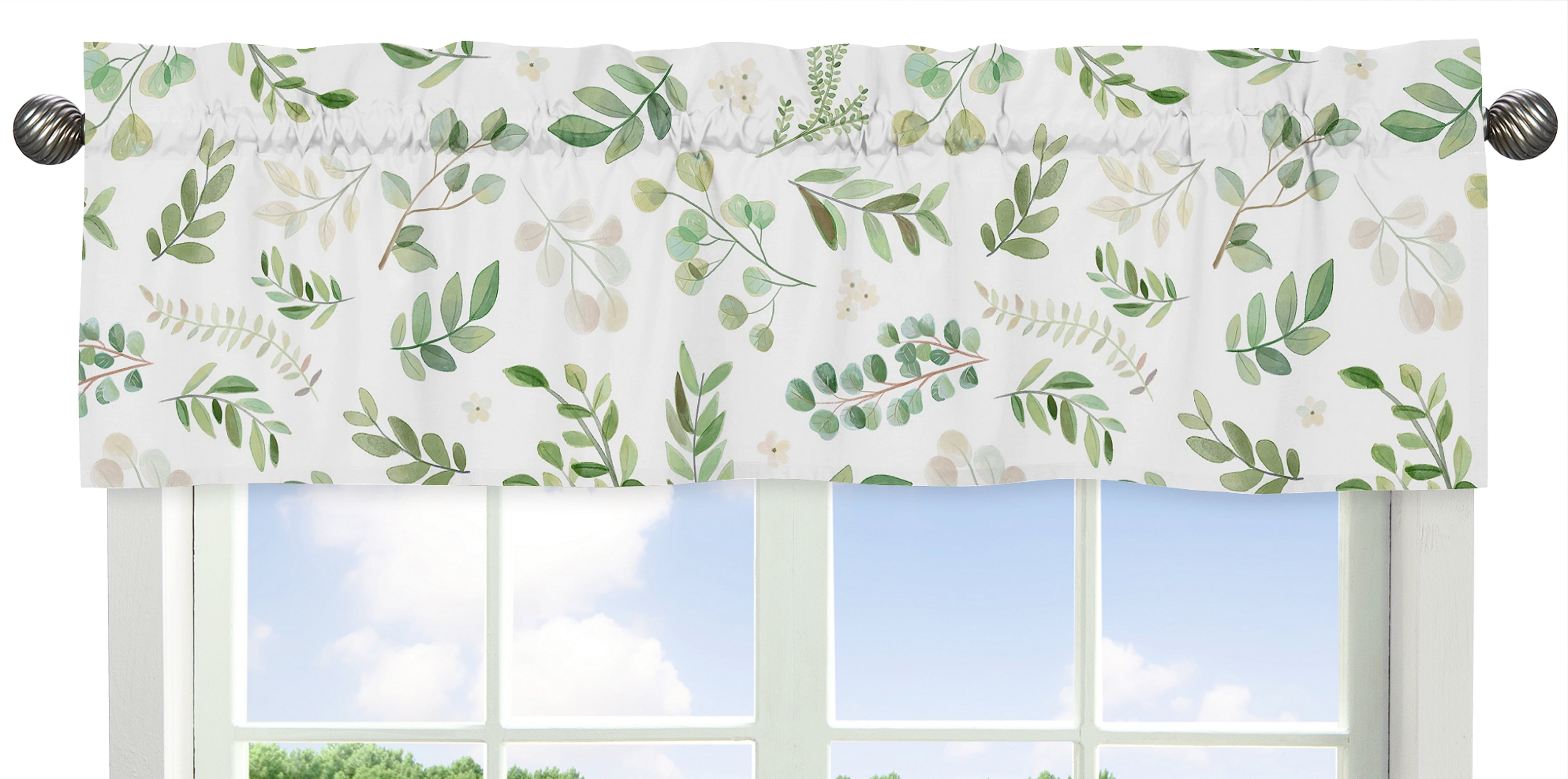 Green and White Botanical Floral Leaf Window Valance