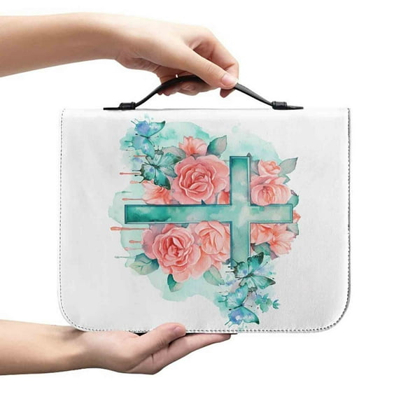 Floral Leather Bible Cover With Zipper And Handles, Women Study Bible Case, Carrying Tote, Multi Size Inside Pockets Bookmark, For Church Travel Gift, Book Tablet Notebook Protector, Pink L