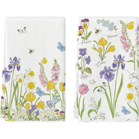 Floral Leaves Bees Butterfly Spring Kitchen Towels Dish Towels, 18x26 Inch Seasonal Summer Decoration Hand Towels Set of 2