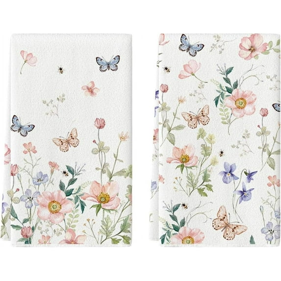 Floral Leaves Butterfly Spring Kitchen Towels Dish Towels, 18x26 Inch Seasonal Summer Decoration Hand Towels Set of 2