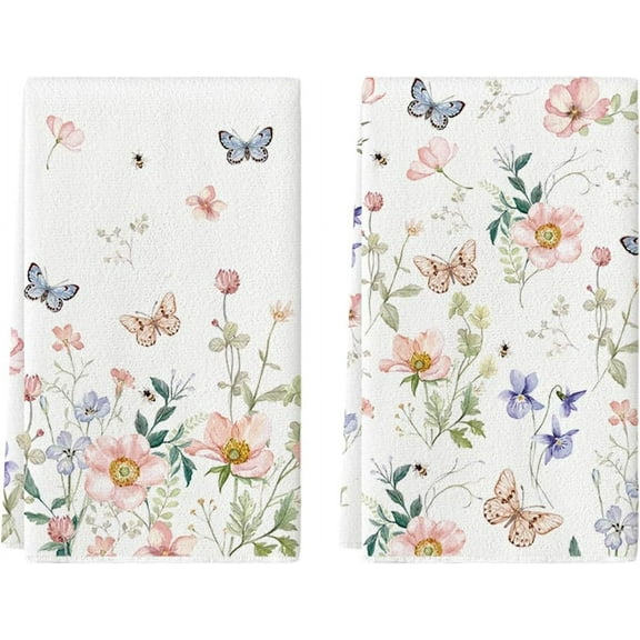Floral Leaves Butterfly Spring Kitchen Towels Dish Towels, 18x26 Inch Seasonal Summer Decoration Hand Towels Set of 2