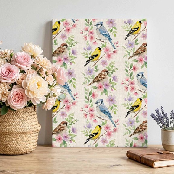 Floral Leaves Canvas Wall Art for Living Room, Pastoral Bird Spring Cherry Blossoms Rustic Linen Poster Print Painting for Bedroom Office Home Decoration Wall Pictures Prepare To Hang 8"x10"