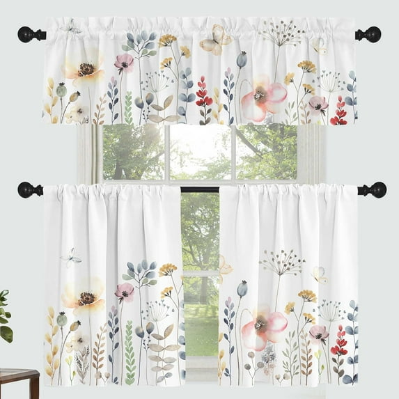 Floral Leaves Curtain for Kitchen Bathroom Watercolour Pink Flower Rod Pocket Window Tier Curtains Valance Set 3 Pcs Plant Printed Curtains 54 x 18 inches + 27 x 36 inches *2