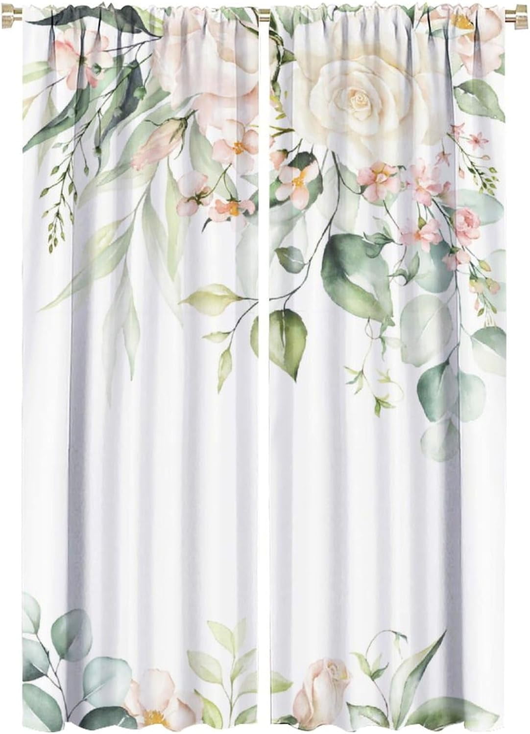 Floral Leaves Curtains Colorful Flower Watercolor Leaves Nature Rustic Pattern Blackout Print Rod Pocket Window Drapes for Bedroom Living Room 52x84in