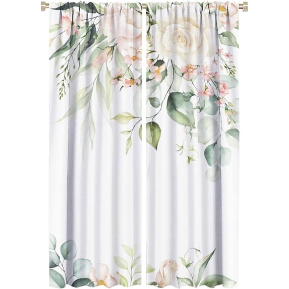 Floral Leaves Curtains Colorful Flower Watercolor Leaves Nature Rustic Pattern Blackout Print Rod Pocket Window Drapes for Bedroom Living Room 52x84in