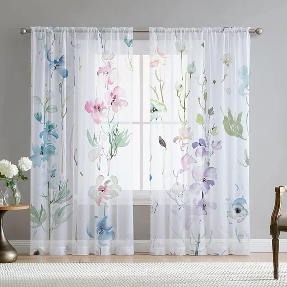Floral Leaves Curtains for Living Room 63 inch Length 2 Panels Set Elegant Blue Pink Spring Flower Printed Window Curtain Natural Sheer Curtains Chiffon Drapes for Bedroom