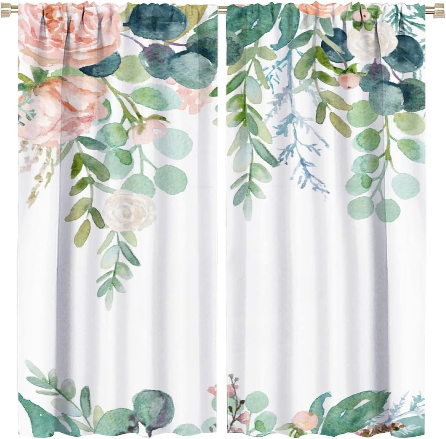 Floral Leaves Curtains Pink Flower Watercolor Leaves Nature Rustic Pattern Blackout Print Rod Pocket Window Drapes for Bedroom Living Room 42x54in