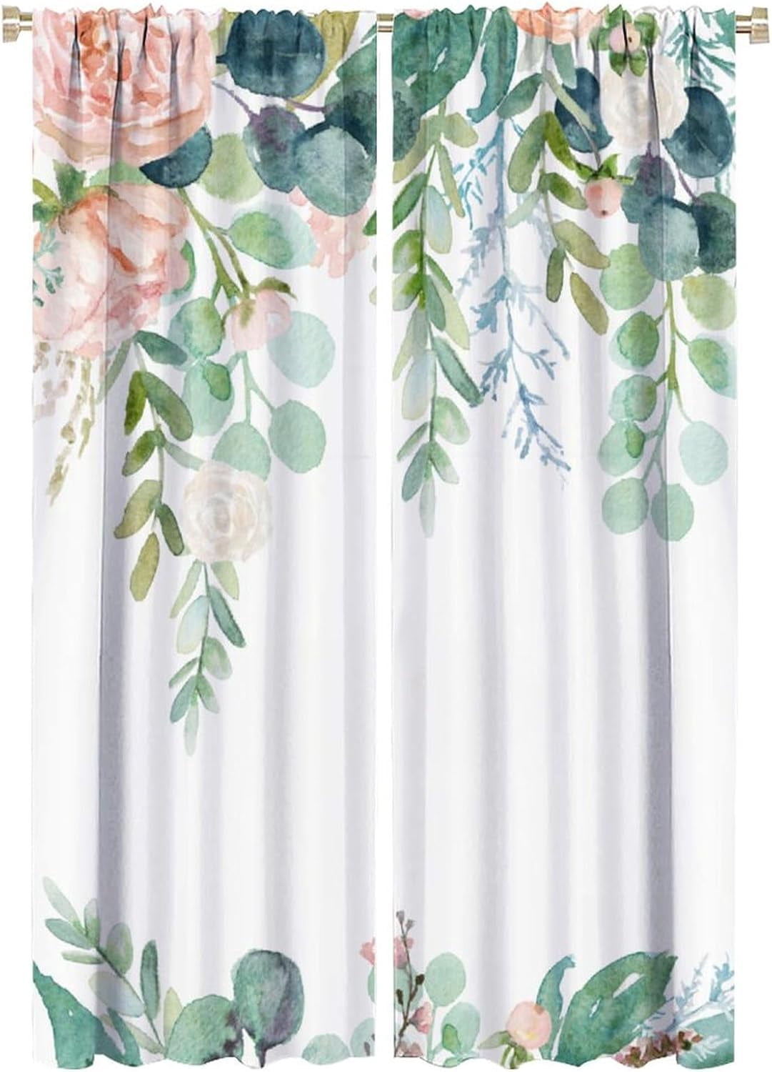 Floral Leaves Curtains Pink Flower Watercolor Leaves Nature Rustic Pattern Blackout Print Rod Pocket Window Drapes for Bedroom Living Room 52x84in