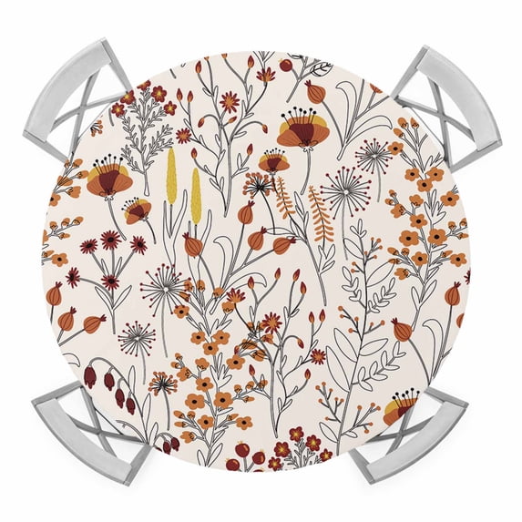 Floral Leaves Elastic Fitted Round Table Cover Plant Stripes Orange Yellow Waterproof Outdoor Tablecloth for Holiday Party, Picnic, Patio & Dining Fits Tables Up to 45"-54"