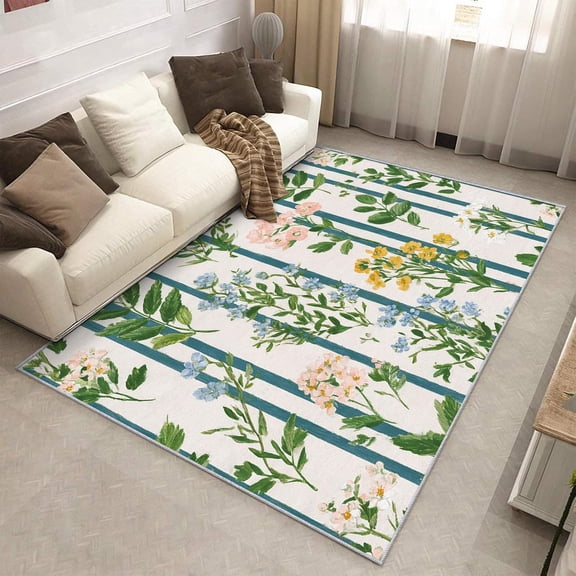 Floral Leaves Striped Area Rug, Modern Botanical Flower Pattern Indoor Carpet, Washable Non Slip Low Pile Soft Thin Rug for Living Room Bedroom Home Decor Mat 2x3ft