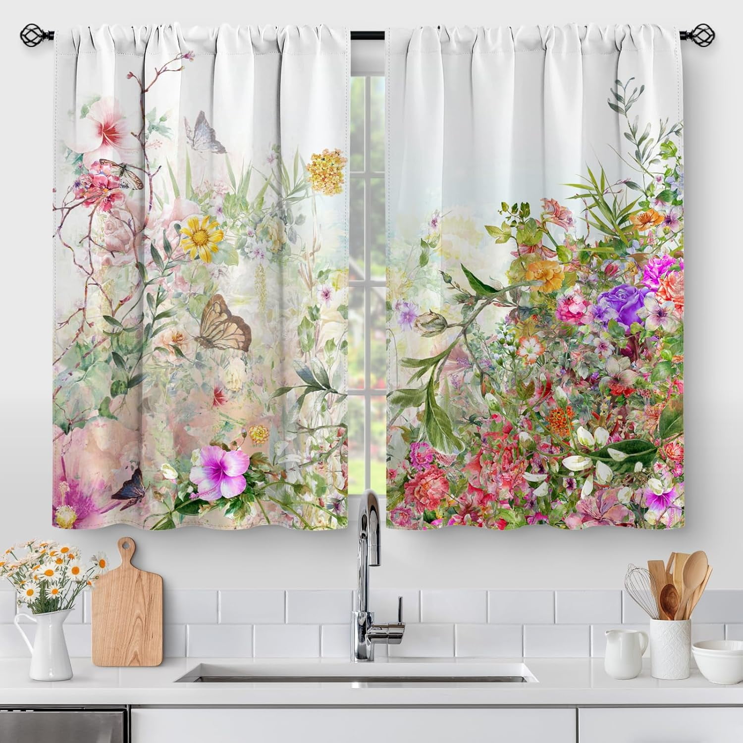 Floral Leaves Vintage Kitchen Curtains - Flower Colourful Cafe Rustic ...