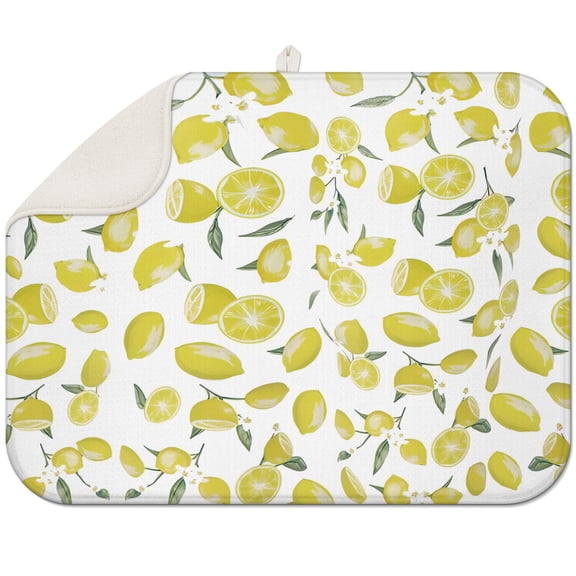 Floral Lemon Coffee Mat – Fresh Yellow Lemon and Flower Print Microfiber Drying Pad, Reversible and Absorbent Kitchen Mat for I Love Lemons Fans