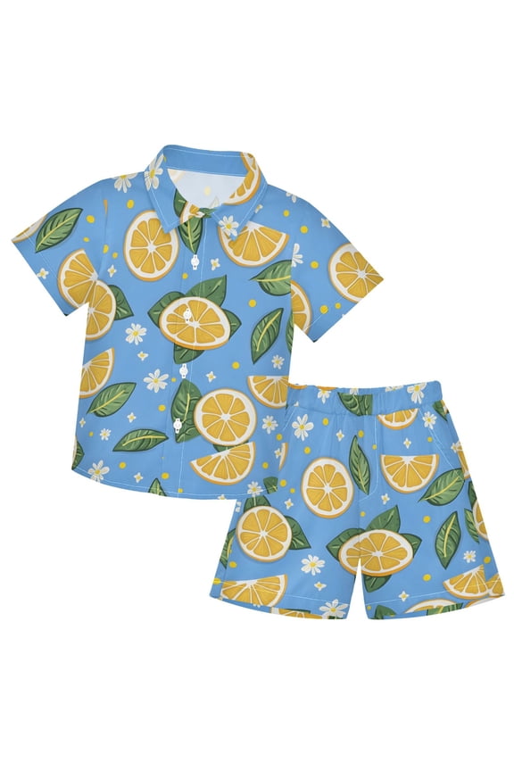 Floral Lemon Pattern Boys' Hawaiian Shorts Sets Button Down Shirts 3T-10Y for Beach Vacation