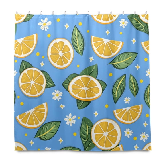 Floral Lemon Pattern Shower Curtain Liners Waterproof 72 Inch with C Shaped Curtain Hooks