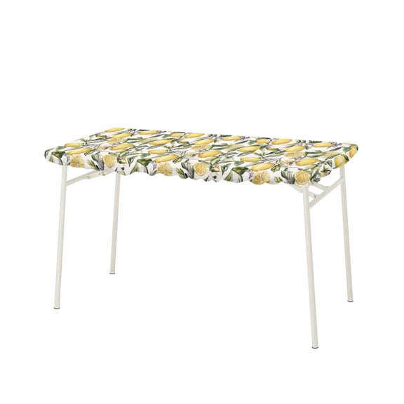 Floral Lemon Rectangle Tablecloth, Waterproof Elastic Fitted Table Covers for 8 Foot Tables, 32x96inch Decorative Tablecloths for Picnic, Camping, Outdoor, Watercolor Country Fruit Spring Summer Leaf