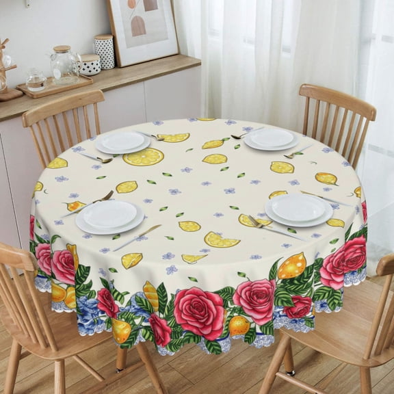 Floral Lemon Rose Pattern Round Tablecloth Polyester Waterproof & Washable 70" Table Cloth Indoor and Outdoor for Kitchen Dining Party Picnic Table Cover