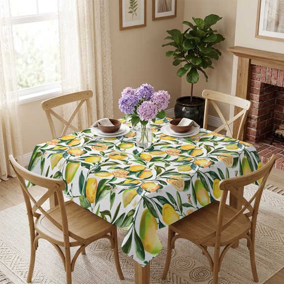 Floral Lemon Square Tablecloth 54x54 Inch Summer Fruit Leaf Flower Waterproof Polyester Table Cover, Washable Stain Resistant Tablecloth for Dining Table Kitchen Wedding