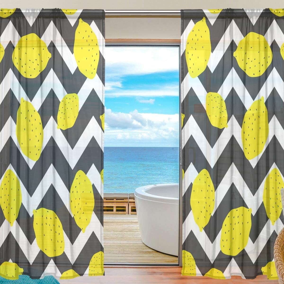 Floral Lemons Black White Striped Zigzag Semi Sheer Curtains, 78"x55" Window Voile Drapes Panels