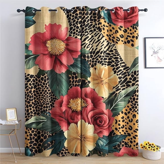 Floral Leopard Curtains, Red And Yellow Tropical Hibiscus Patterned Blackout Curtains For Bedroom, Living Room Decor, Room Darkening Thermal Insulated Grommet Drapes 42"W x 108"L (Pack of 2)