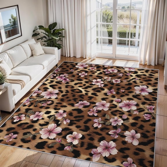 Floral Leopard Print Area Rug, Mixed Pattern Design Carpet, Washable Non Slip Soft Low Pile, Living Room Bedroom Office Mat 2x3ft