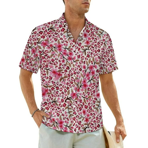 Floral Leopard Print Beach Shirt Red Roses Summer Casual Shirts Man Elegant Blouses Short