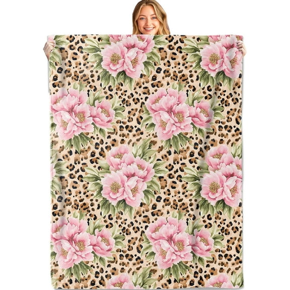 Floral Leopard Print Throw Blanket,50x60in,Soft,Lightweight Flannel,Bold Pink Flower Animal Blankets Gifts for Kids Women,for Couch Office Travel,Home Living Room Fashionable Decor