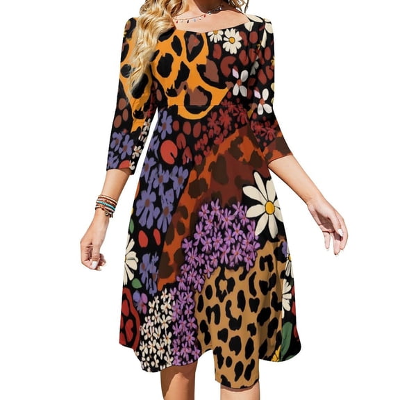 Floral Leopard Print Vibrant Women's Fall Dresses Casual Loose Flowy Swing Shift Dress