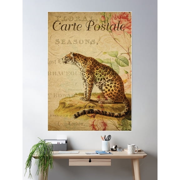 Floral Leopard Vintage French Postcard Carte Postale Poster Wall Art, Modern Wall Decor For Living Room Bedroom, 8x12 UNFRAMED